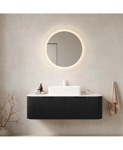 Sillysis Wall Mounted Bathroom Vanity with Ceramic Sink, Matte Stripe Plywood Cabinet, Soft Close Drawer, Pre-assembled