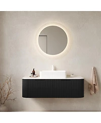 Sillysis Wall Mounted Bathroom Vanity with Ceramic Sink, Matte Stripe Plywood Cabinet, Soft Close Drawer, Pre-assembled