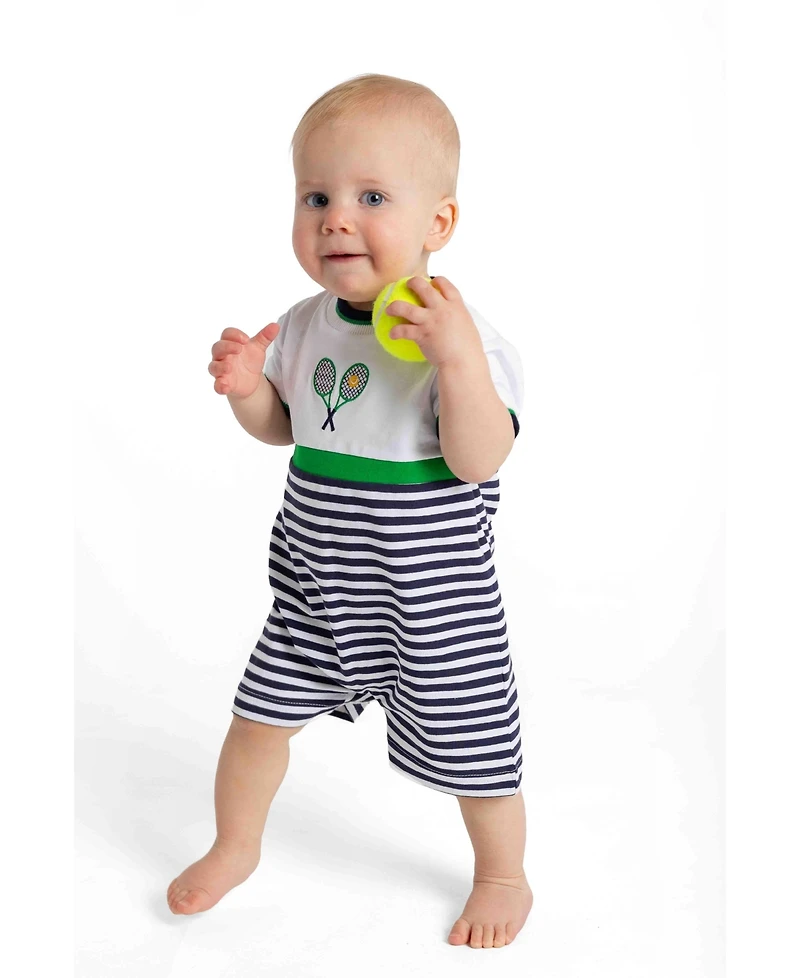 Florence Eiseman Baby Boy Stripe Knit Shortall with Tennis Rackets