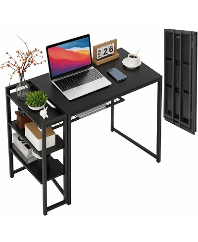 gaomon Folding Desk with Storage Shelves-Space-saving, Sturdy, and Durable No Assembly Required Ideal for Bedrooms and Home Offices