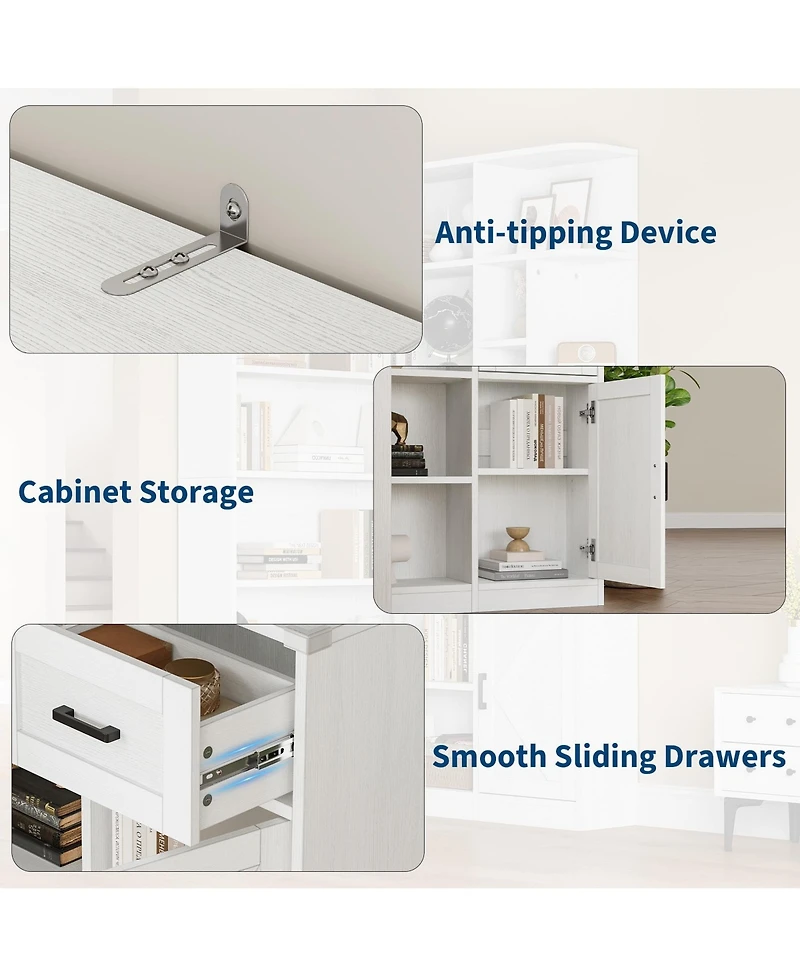 Gaomon 74" Tall 6-Tier L-Shaped Corner Bookshelf with Drawer and Cabinets for Home, Office, White