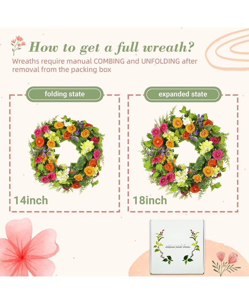 Gnuadz 18" Artificial Floral Wreath Green Leaves Daisies Home Decor