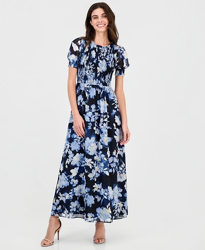 Anne Klein Women's Printed Puff-Sleeve Smocked Maxi Dress