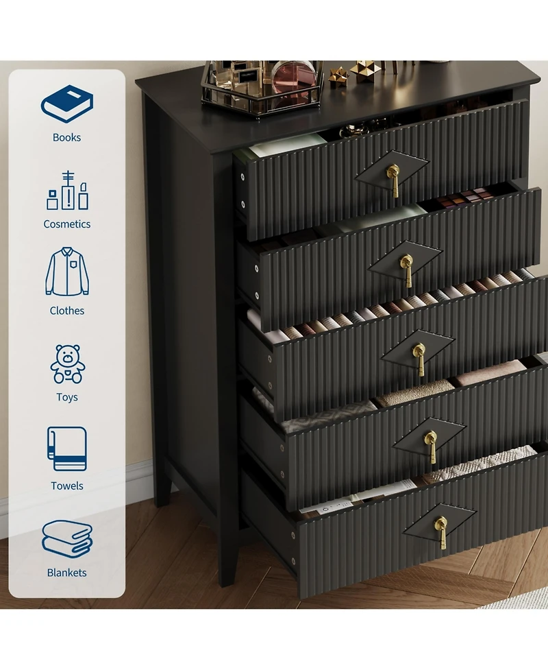 homfan Fluted 5-Drawer Dresser Chest with Metal Handles, 32 inch Wide Storage Tv Stand for Bedroom, Living Room, Hallway