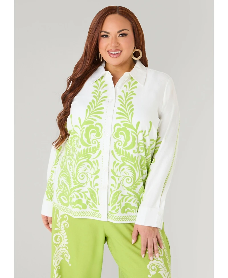 Ashley Stewart Women's Leaf Print Linen Blend Shirt
