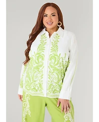 Ashley Stewart Women's Leaf Print Linen Blend Shirt
