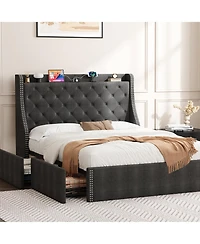 homfan Bed Frame with 4 Storage Drawers, Wingback Headboard, Charging Station, Wood Slat Support, No Box Spring Needed
