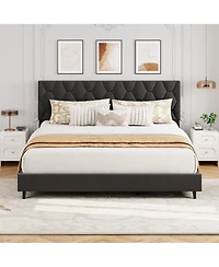 homfan Modern Upholstered Platform Bed Frame, Adjustable Padded Fabric Headboard, Heavy Duty Wooden Slats, No Box Spring Needed, Noise-Free
