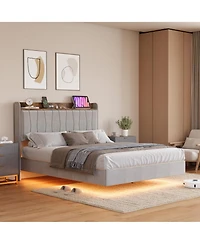 homfan Modern Floating Platform Bed with Led Lights and Charging Ports, Upholstered Storage Headboard, Sturdy Wood Slats