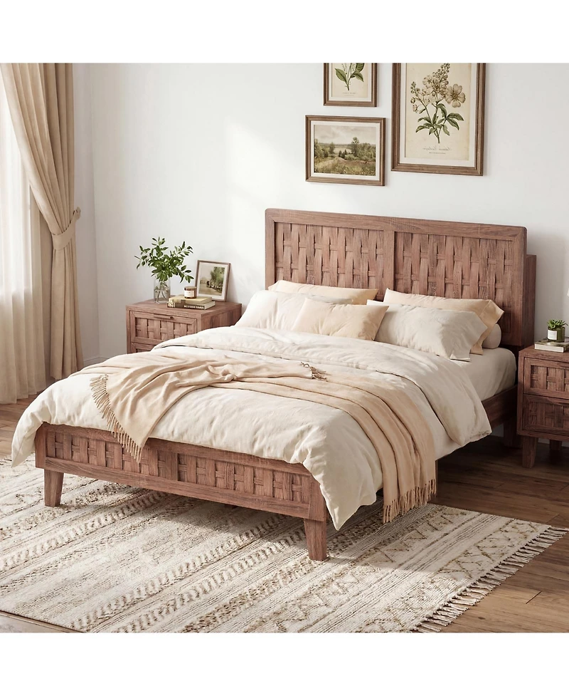 Costway Bed Frame with Woven Accent Headboard and Footboard, Wooden Slat Support