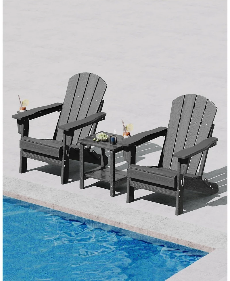 Xo Folding Adirondack Chair Set of 2 with Side Table, Hdpe Outdoor Chairs with Cup Holder, All Weather Patio Chairs 380Lbs Capacity for Garden