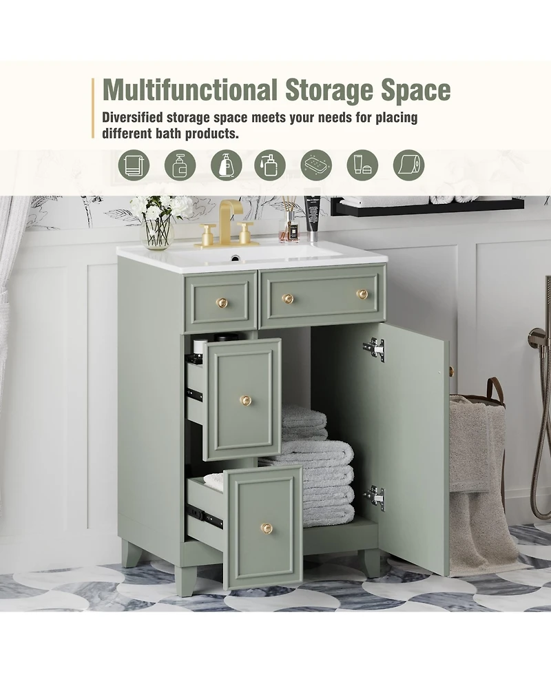 Phying 24 Inch Bathroom Storage Vanity Cabinet with Ceramic Sink 2 Drawers and Single Door Modern Home Bathroom Furniture