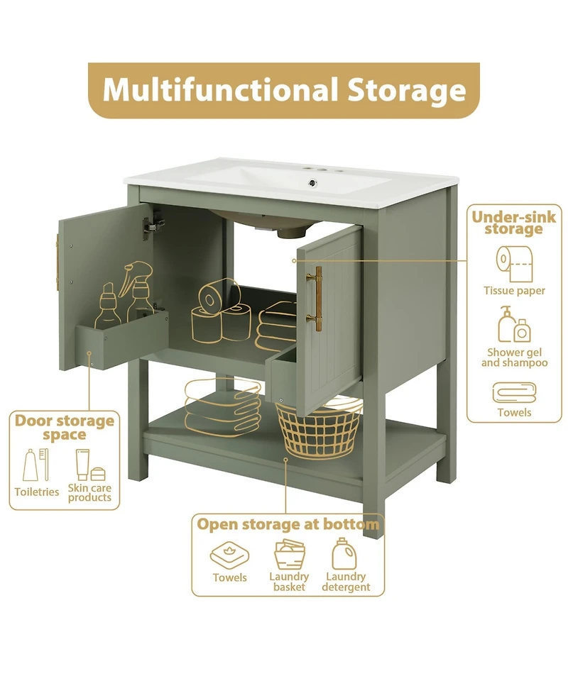 Phying 30 Inch Modern Bathroom Vanity with Ceramic Sink Large Versatile Storage Cabinet Freestanding Stylish Bathroom Furniture