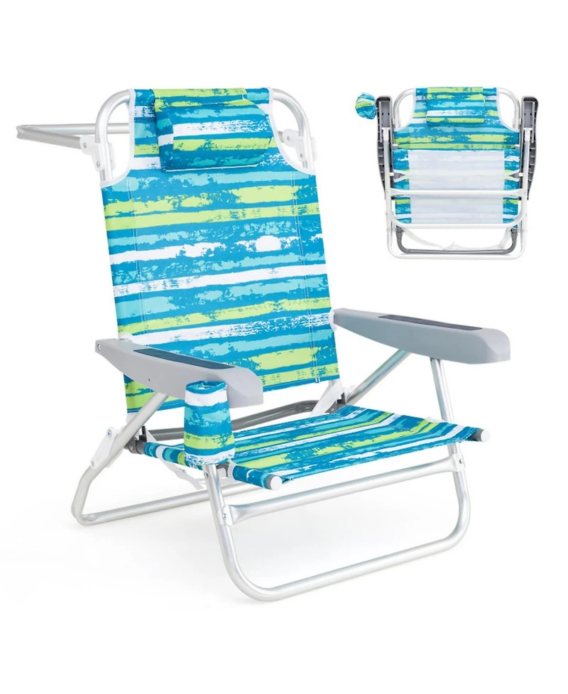 Gouun 2 Pack Folding Beach Chairs with 5-Position Lay-Flat Backrest, Headrest and Cup Holder