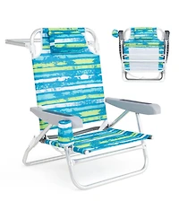 Gouun 2 Pack Folding Beach Chairs with 5-Position Lay-Flat Backrest, Headrest and Cup Holder