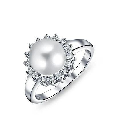 Bling Jewelry Classic Faux Pearl Cocktail Ring Cz Halo Solitaire .925 Sterling Silver