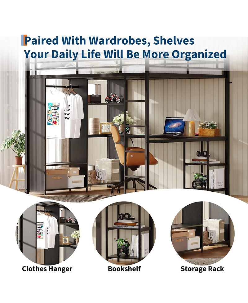 gaomon Queen Size Loft Bed with Desk and Storage Shelf, Heavy-Duty Metal Bed Frame Equipped with Wardrobe, Clothes Hanging Rod, Guardrail and Ladder