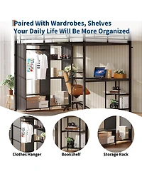 gaomon Queen Size Loft Bed with Desk and Storage Shelf, Heavy-Duty Metal Bed Frame Equipped with Wardrobe, Clothes Hanging Rod, Guardrail and Ladder
