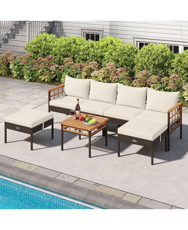 Costway 7 Pcs Wicker Furniture Set with Ottomans Side Table Acacia Wood Tabletop Armrests
