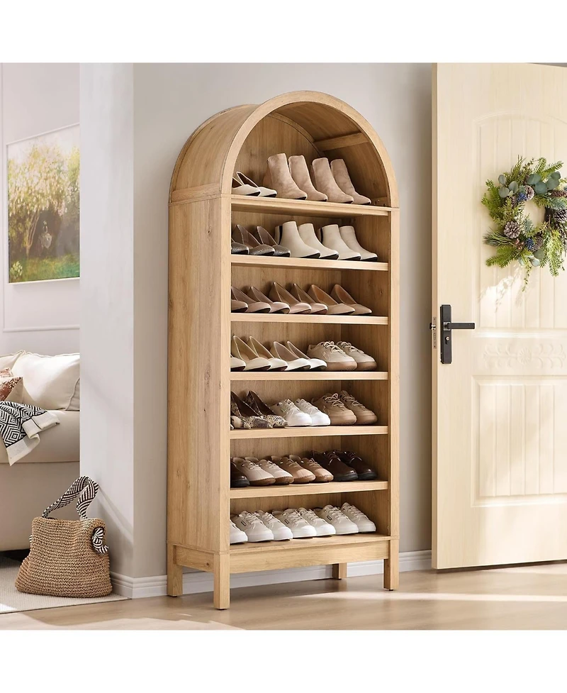 homfan Modern Arched 7-Tier Shoe Cabinet, Freestanding Entryway Storage Bench with Shelves, Curved Space-Saving Design for Bedroom, Living Room