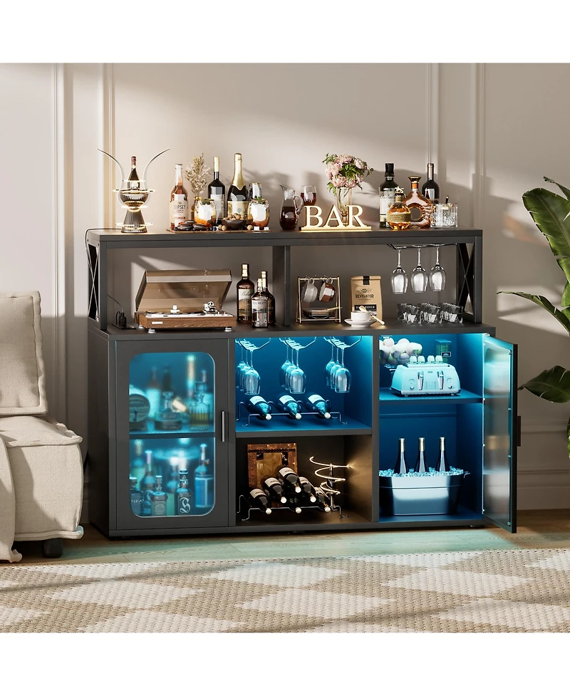 Aheaplus Wine Bar cabinet with Glass Holders and Doors, Buffet Power Outlet