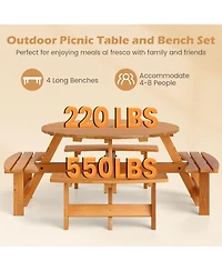 Gouun Outdoor 8-Person Round Wooden Picnic Table Set with Attached Benches, 71 in Diameter