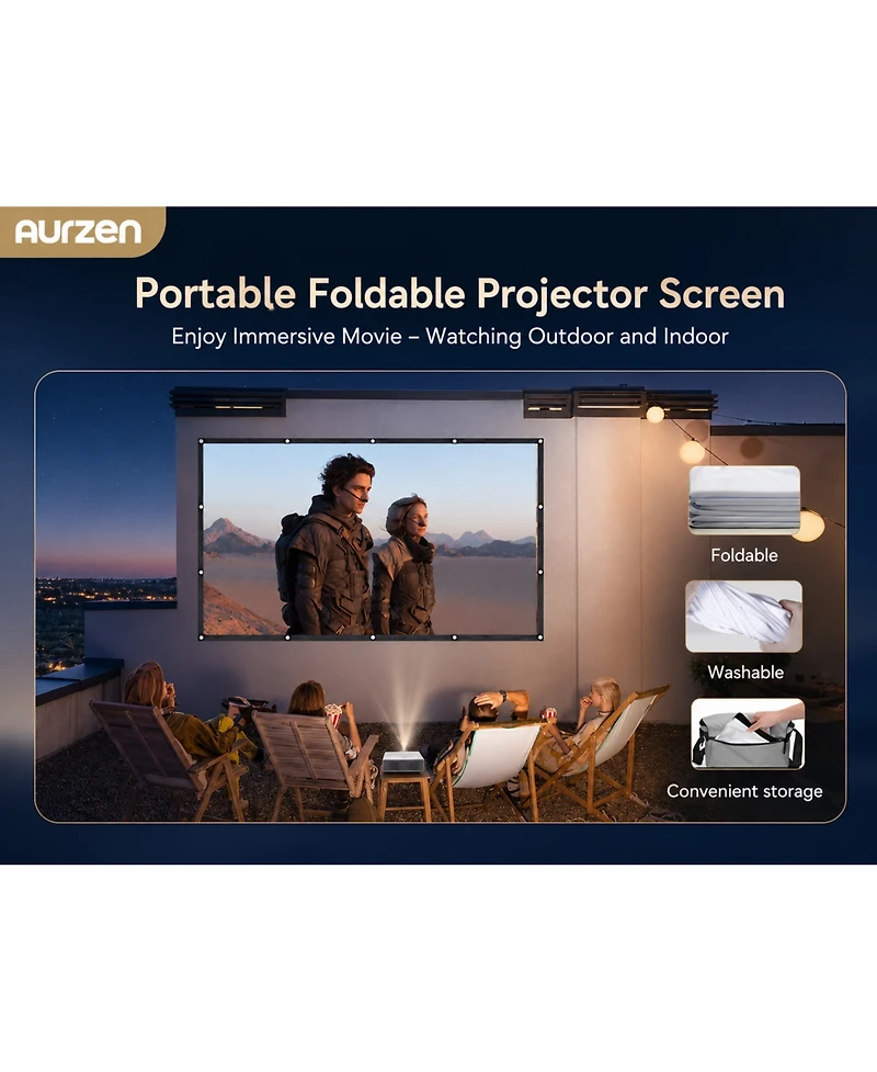 Aurzen Portable 120-Inch Projector Screen 16:9 4K Hd, Foldable Anti-Crease, Double-Sided Screen for Indoor/Outdoor Home Theater and Backyard