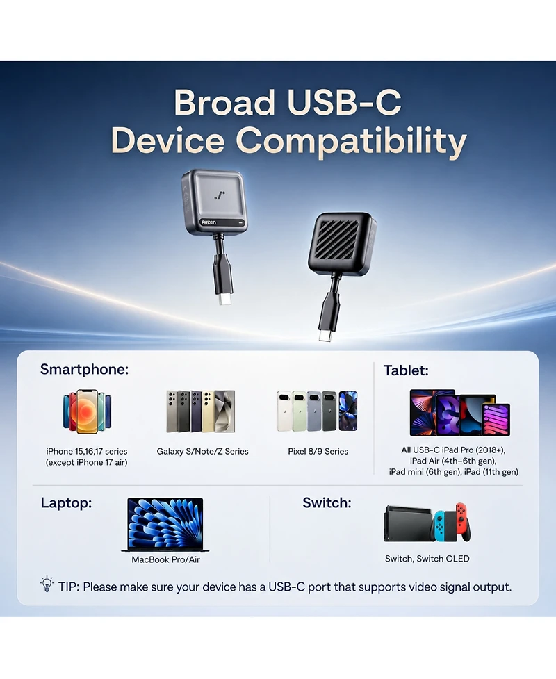 Aurzen Mini Wireless Transmitter for Projector, Requires Usb-c with Dp Alt Mode Output, Compatible with Mobile Phone/Laptop/Tablet/Switch