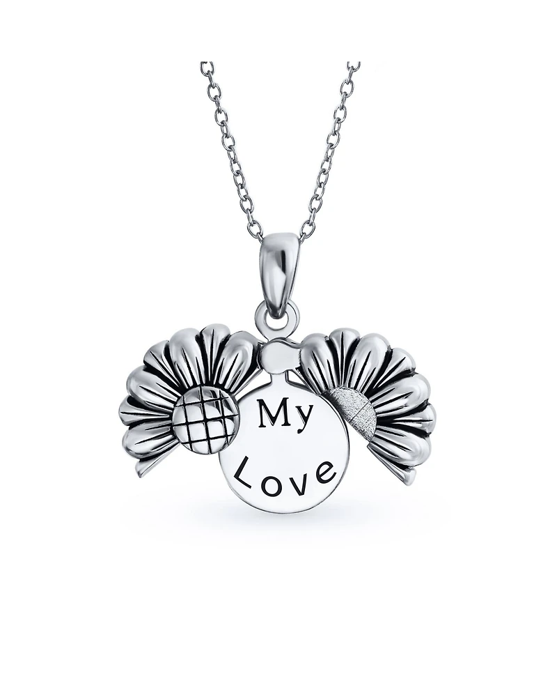 Bling Jewelry Sterling Silver Sunflower Open Locket Pendant Necklace Floral Design "My Love" Inspirational Message