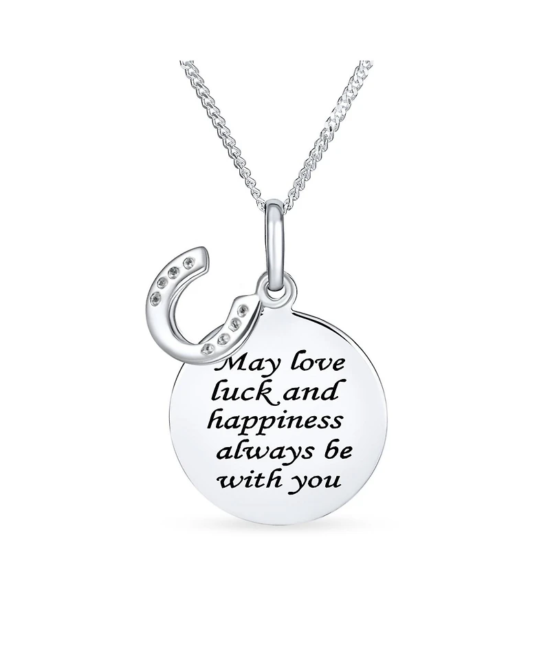 Bling Jewelry Inspirational Love and Luck Quote Round Disc Equestrian Horseshoe Pendant Necklace .925 Sterling Silver