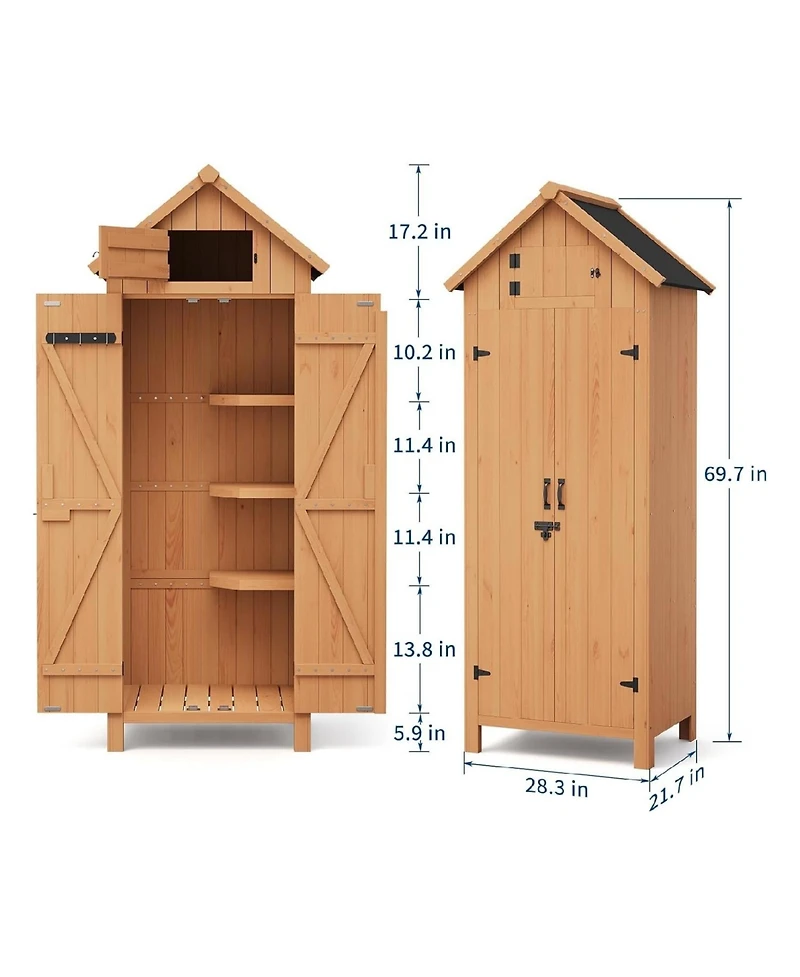 Small Natural Wood Garden Tool Storage Shed With Shelves Lockable Doors Roof Storage Compact Cabinet For Patios Backyards And Balconies
