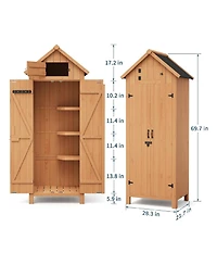 Small Natural Wood Garden Tool Storage Shed With Shelves Lockable Doors Roof Storage Compact Cabinet For Patios Backyards And Balconies