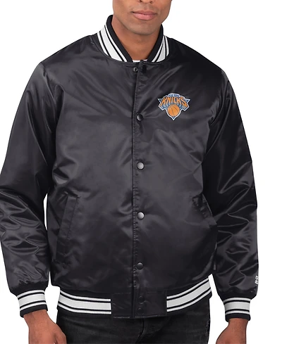 Starter Men's Black New York Knicks Printed Team Name Satin Varsity Full-Snap Jacket