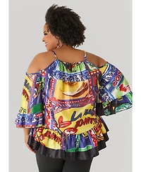 Ashley Stewart Women's Printed Satin Cold Shoulder Blouse