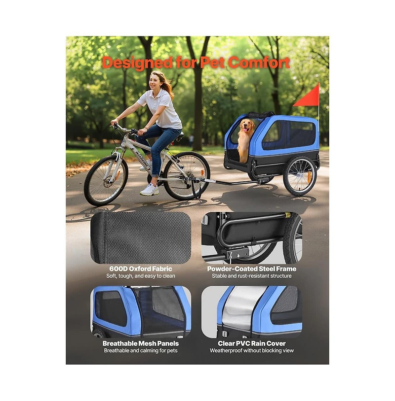 Ruie Foldable Pet Bike Trailer 88 lb Capacity 31 in Cabin Quick Connect Coupler