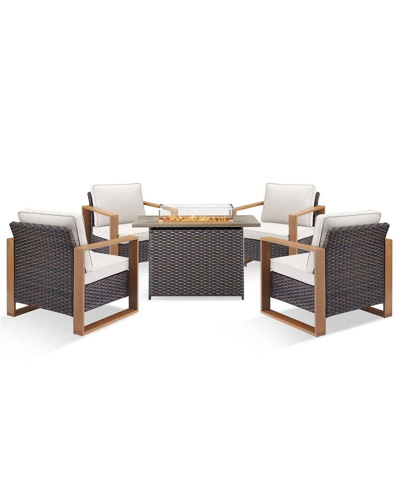 Pocassy Patio Resin Wicker Furniture Set with Fire Pit Table, Pe Rattan Swivel Chairs Propane Table,5PCS Conversation