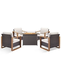 Pocassy Patio Resin Wicker Furniture Set with Fire Pit Table, Pe Rattan Swivel Chairs Propane Table,5PCS Conversation