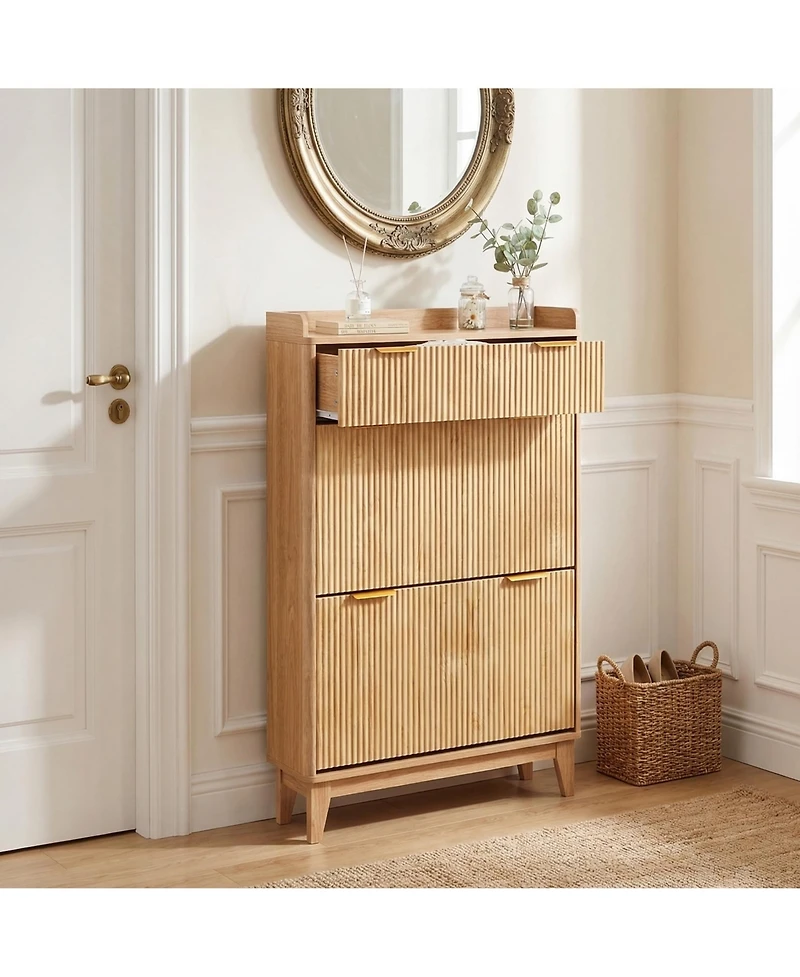 homfan Modern Vertical Storage Cabinet with Flip Drawer, Textured Front and Metal Handles, Space-Saving Shoe Orgzr for Entryway, Hallway, Living Room