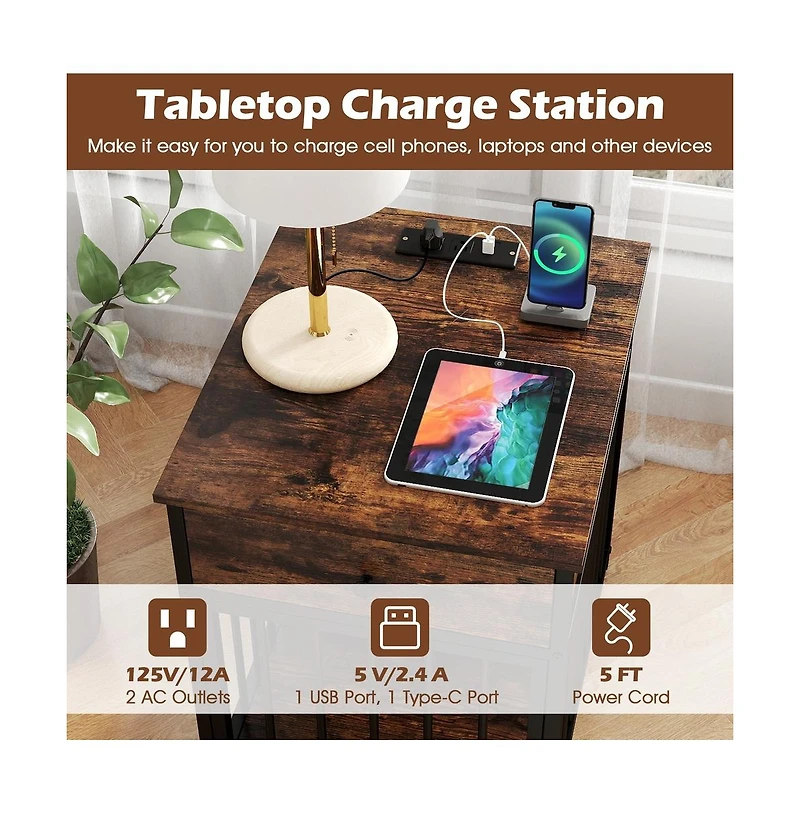 Ruie Wooden Dog Crate Side Table with Storage Drawer and Usb Charging Station