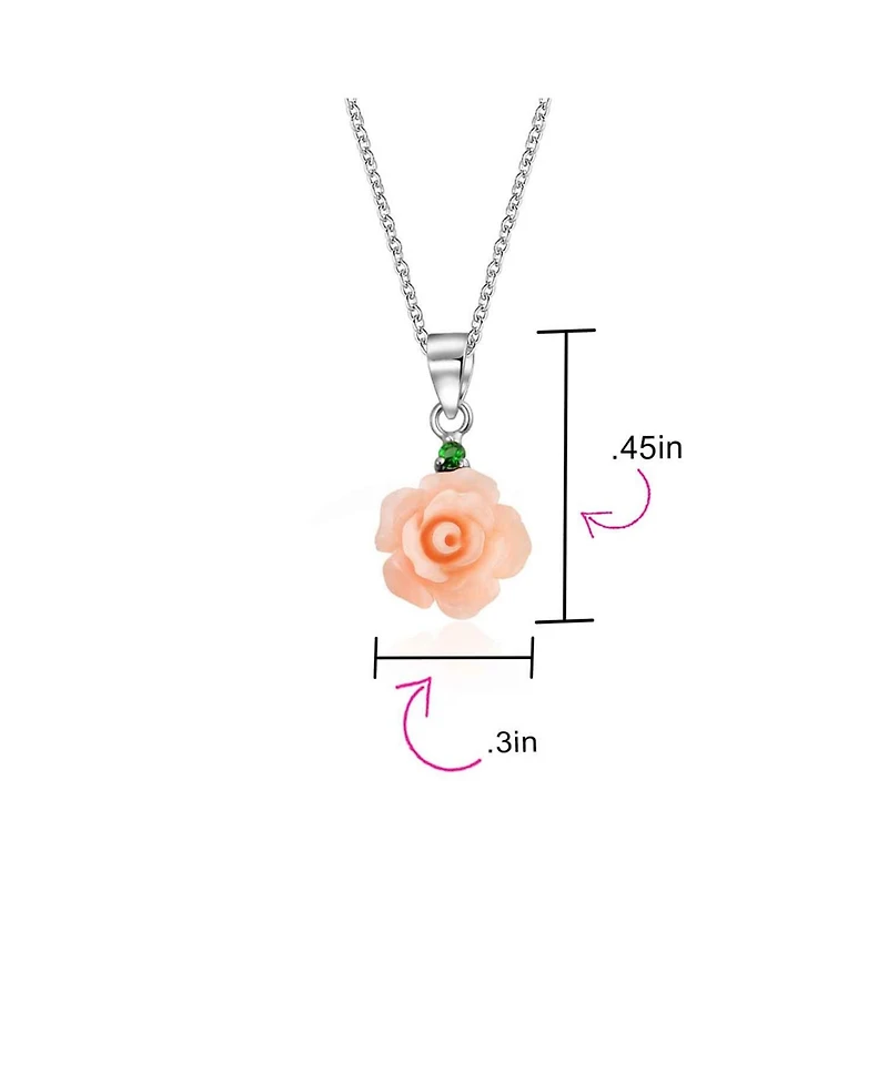 Bling Jewelry Delicate Floral Blooming 3D Pink Rose Flower Green Cz Accent Pendant Necklace For Women For Sterling Silver