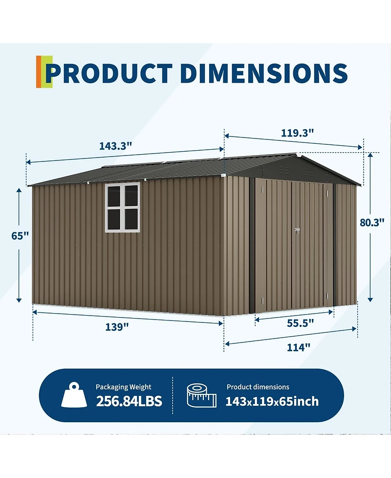 GarveeLife Outdoor Metal Storage Shed with Floor Frame Clear Window and Lockable Doors for Garden Backyard and Patio Use
