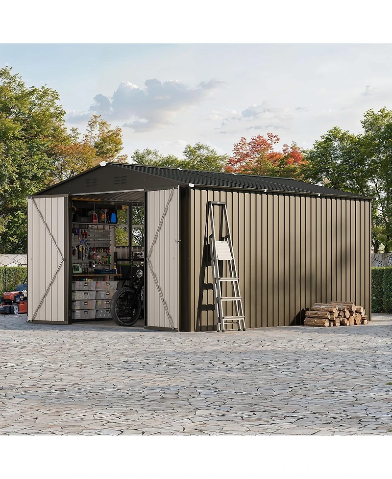 GarveeLife Outdoor Metal Storage Shed with Floor Frame Clear Window and Lockable Doors for Garden Backyard and Patio Use