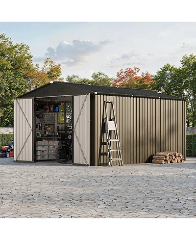 GarveeLife Outdoor Metal Storage Shed with Floor Frame Clear Window and Lockable Doors for Garden Backyard and Patio Use