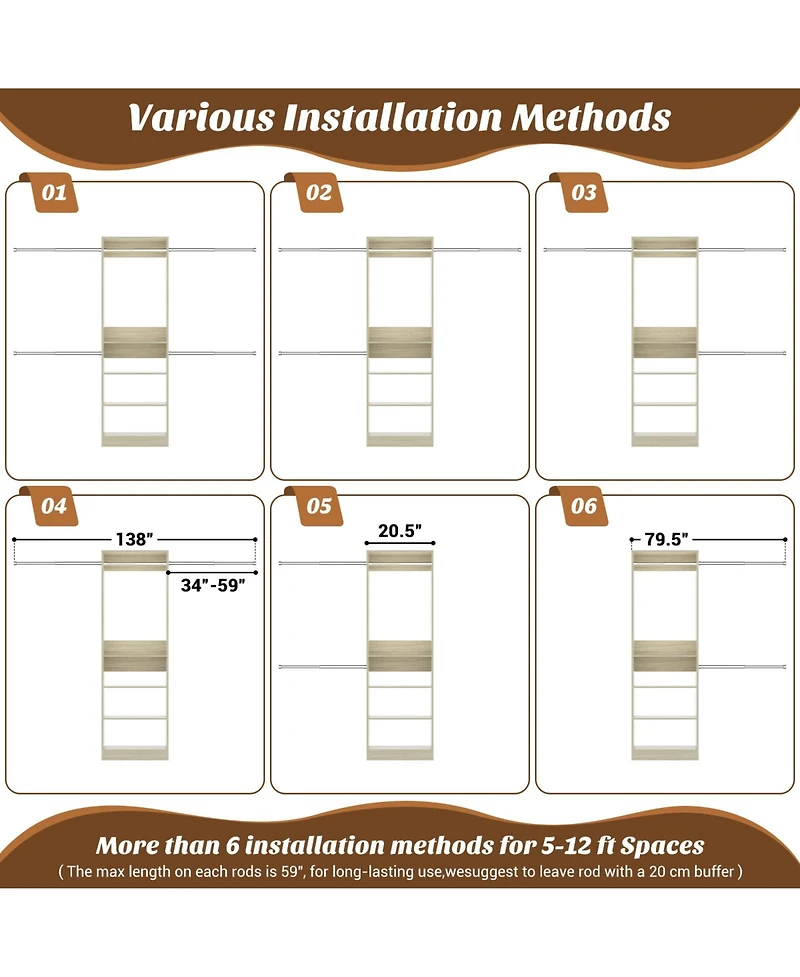 Aheaplus 5-10Feet Closet System with 5 Hanging Rods and Shelves, Expandable Organizer for Bedroom