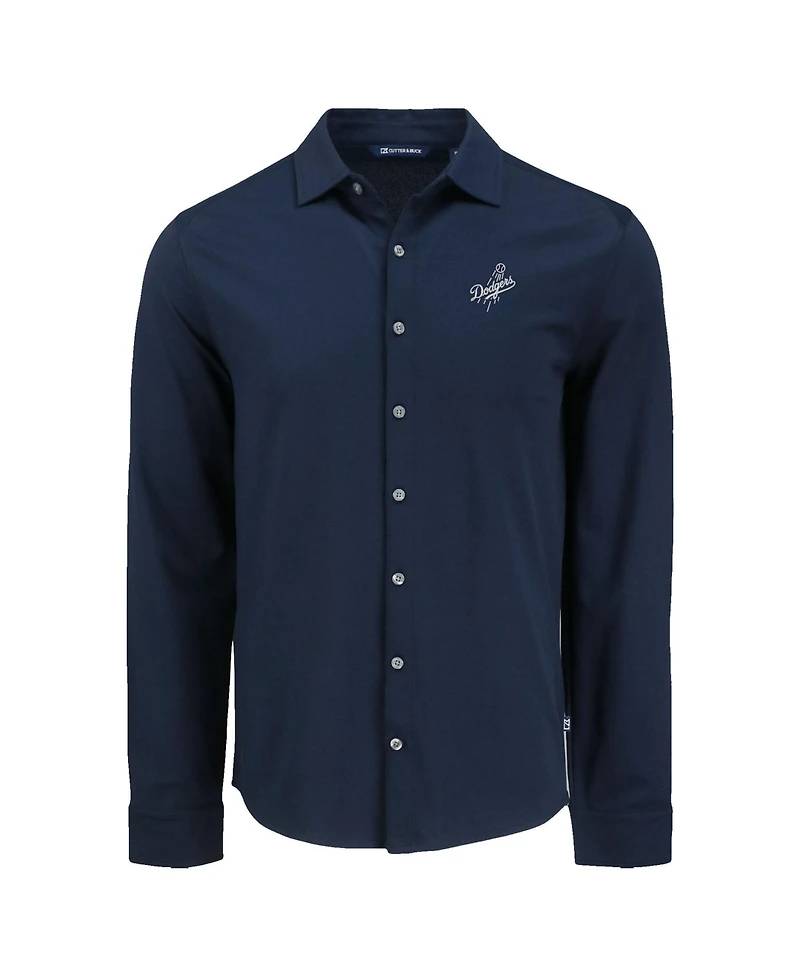 Cutter & Buck Men's Navy Los Angeles Dodgers Knitted Advantage Tri-Blend Eco Soft Pique Long Sleeve Button-Up Shirt