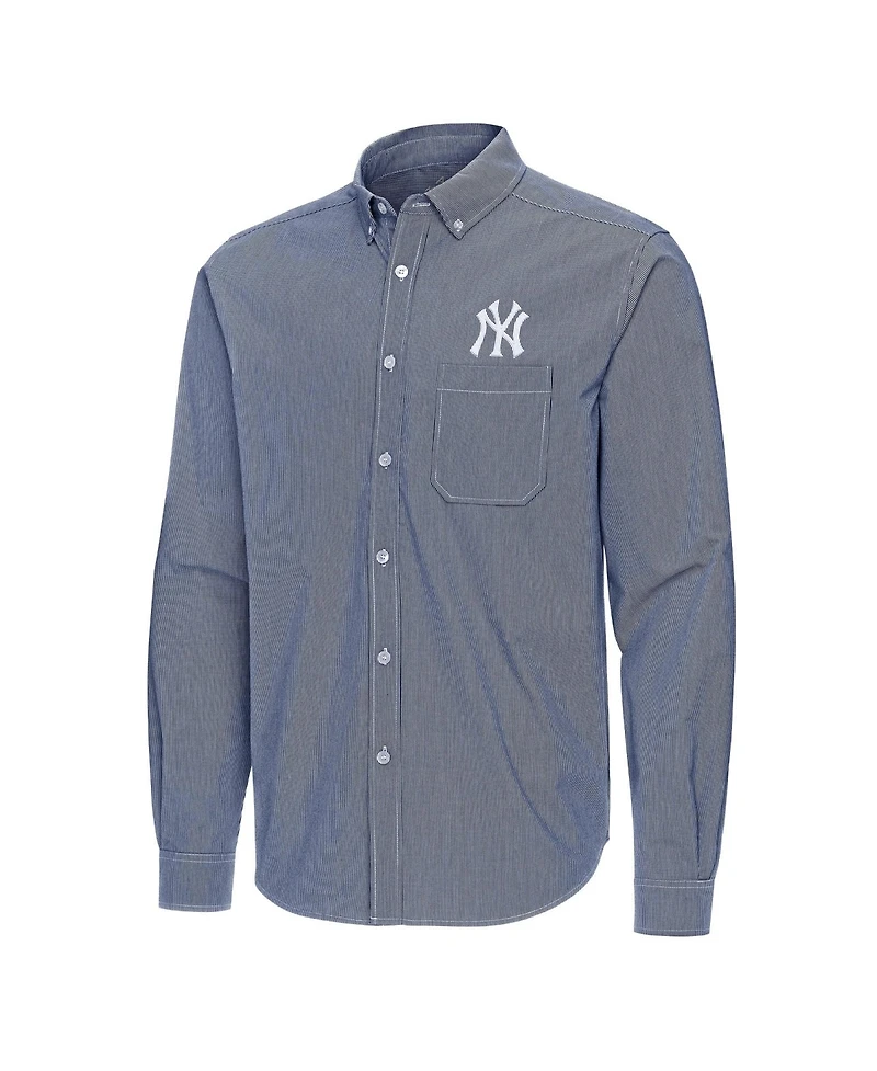 Antigua Men's Navy New York Yankees Porter Woven Long Sleeve Button-Down Shirt