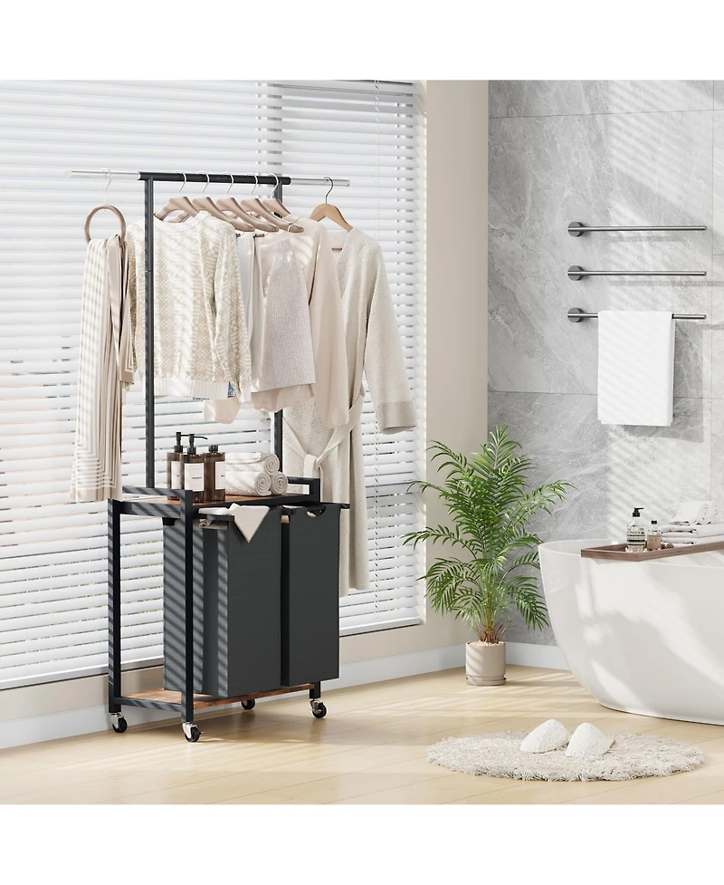 homfan Rolling Bathroom Storage Cabinet, 30 Inch Metal Laundry Organizer with Hanging Rod and Lockable Wheels for Bathroom