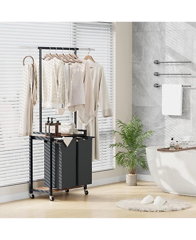 homfan Rolling Bathroom Storage Cabinet, 30 Inch Metal Laundry Organizer with Hanging Rod and Lockable Wheels for Bathroom