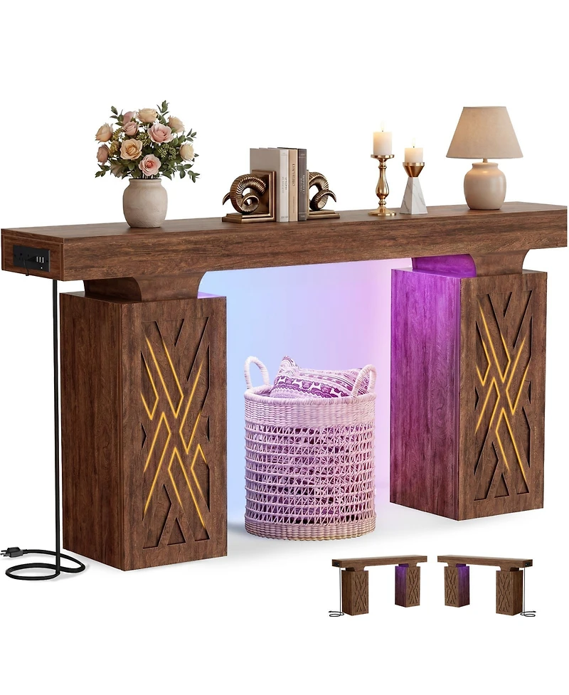 Aheaplus 63" Entry Table with Charging Station, Console Rgb Led Light