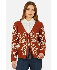 Yumi Women's Folk Embroidered Tie Front Cardigan
